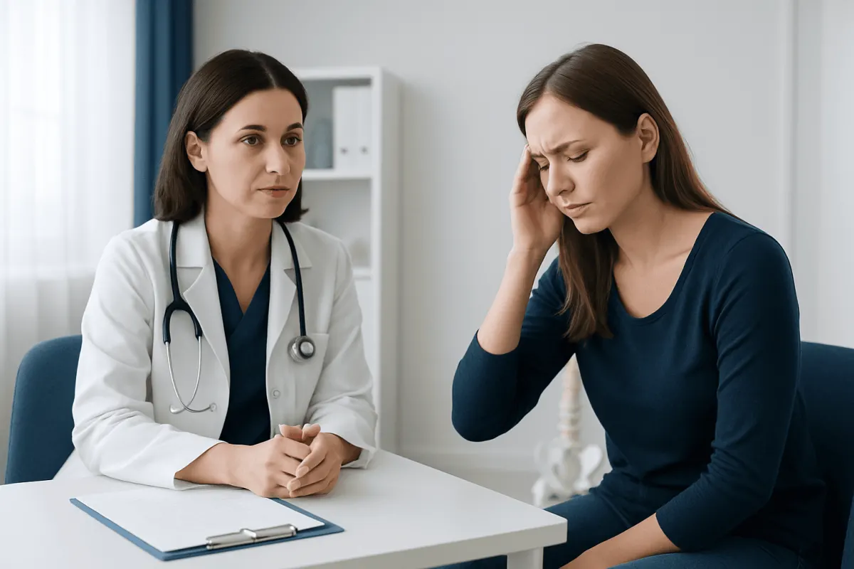 Doctor consulting with a patient experiencing headache symptoms.
