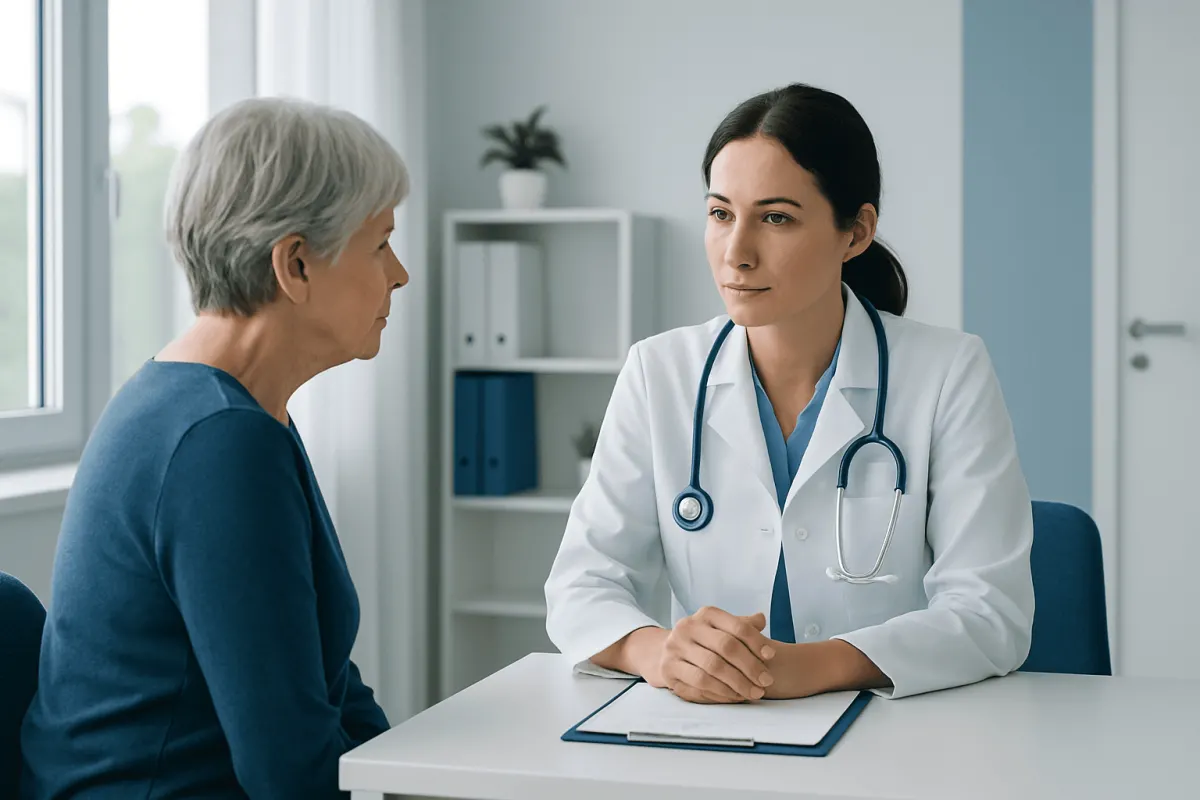 Doctor consulting with an elderly patient in a medical office.