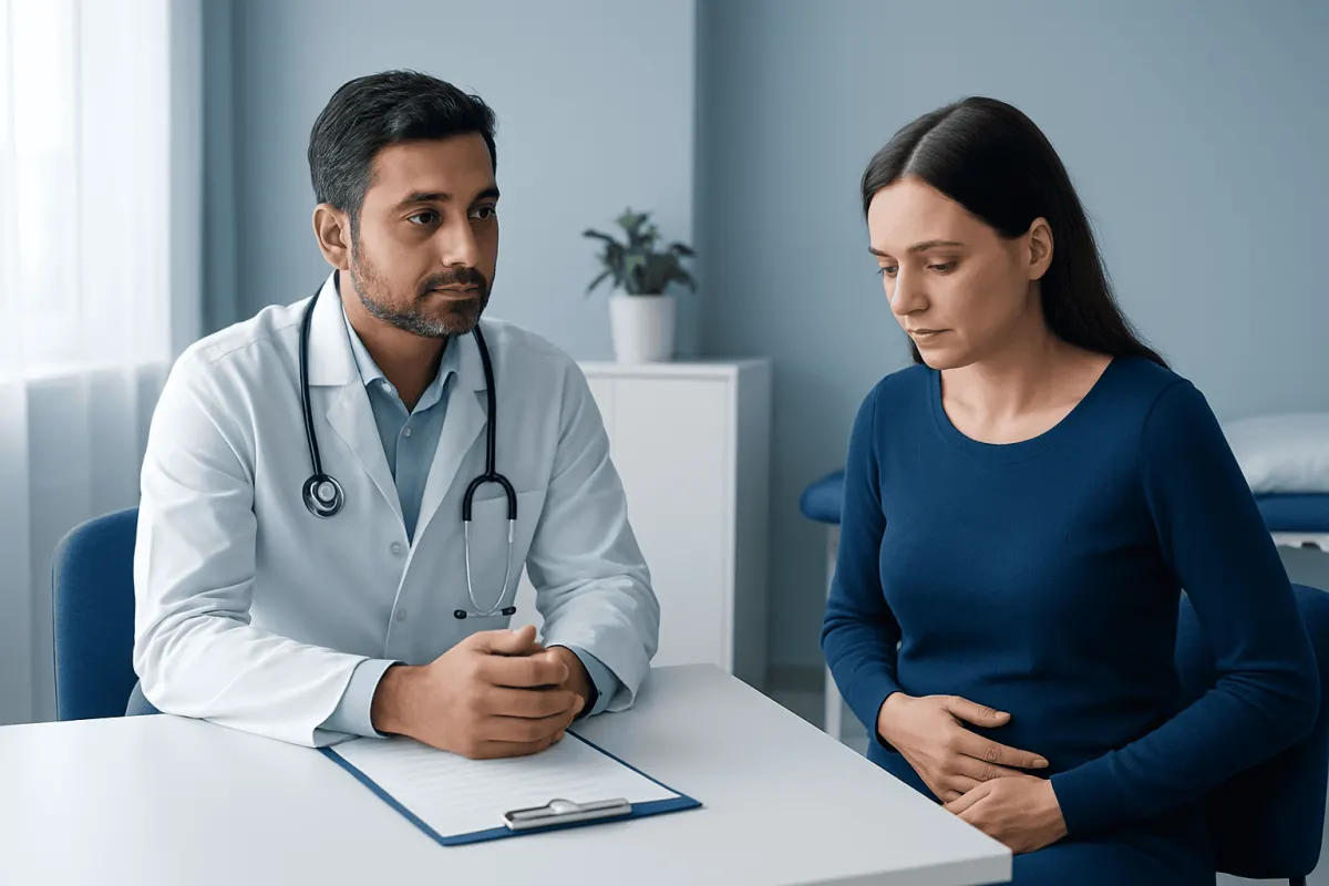 Doctor consulting with a woman patient in a medical office.