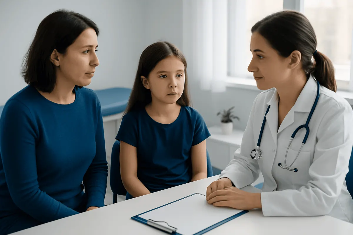 Doctor consulting with mother and daughter about childhood anemia.