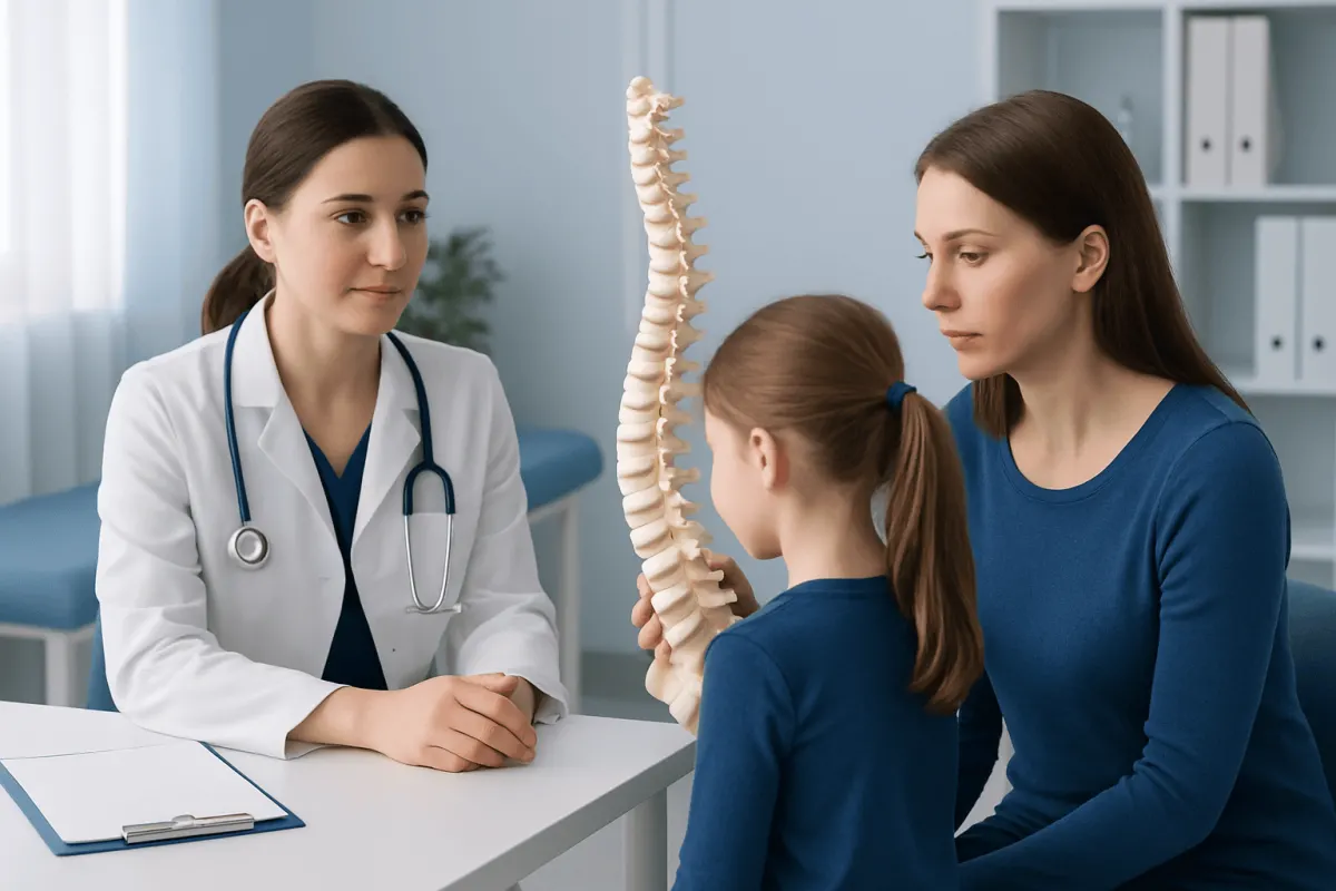 Pediatric consultation on scoliosis with a doctor and mother examining a spine model.