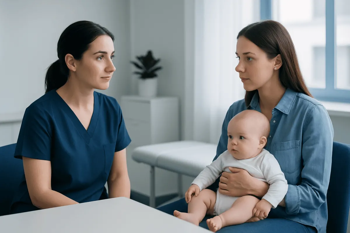 Pediatric consultation for hip dysplasia with mother and healthcare professional.