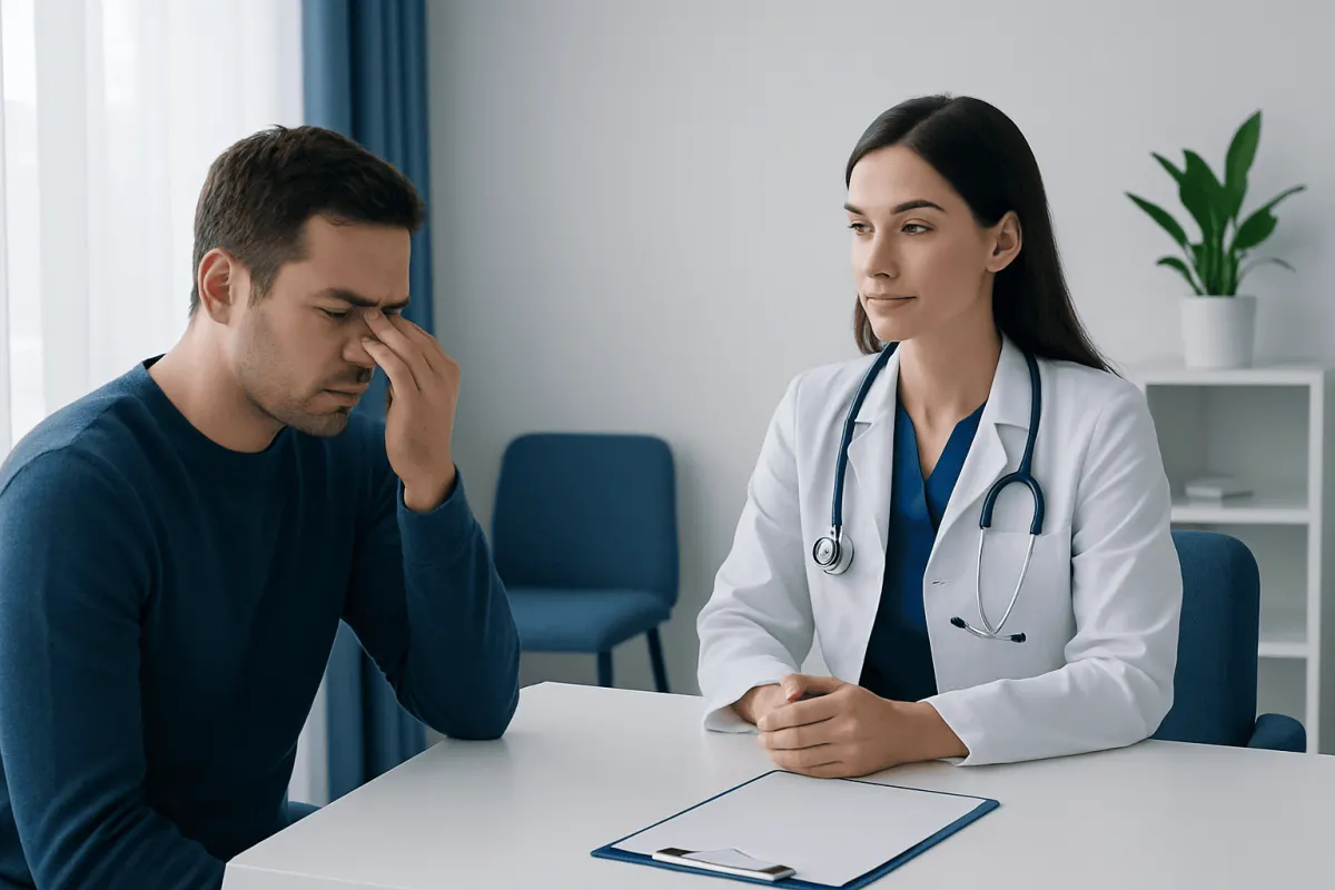Doctor consulting with patient about sinus issues in a clinic setting.