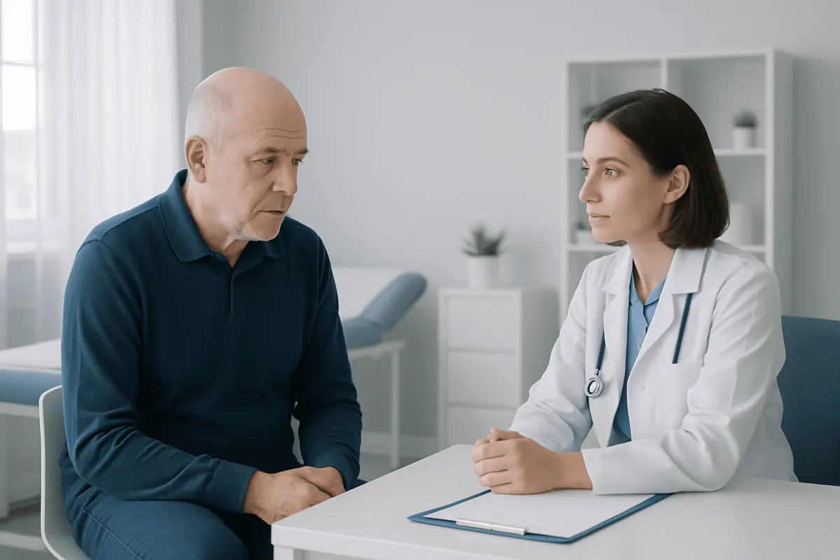 Doctor consulting with male patient in a medical office.