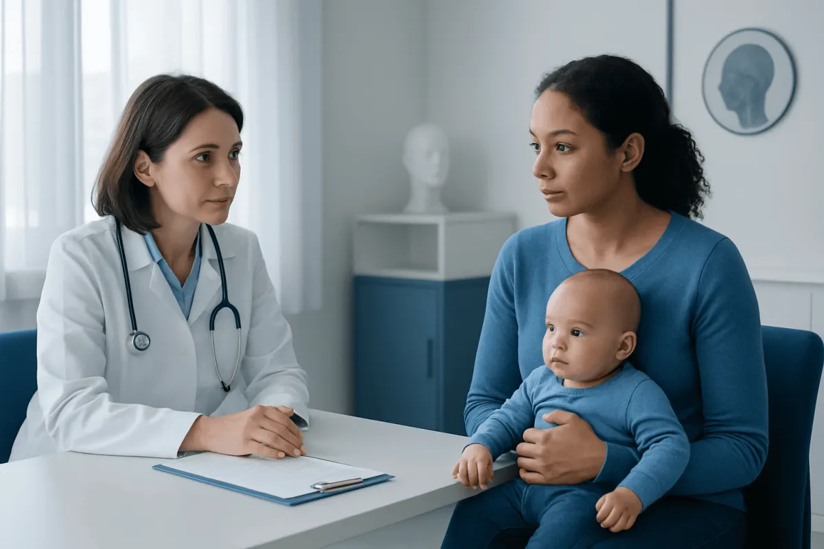 Pediatric consultation with a doctor and mother in a clinic setting.