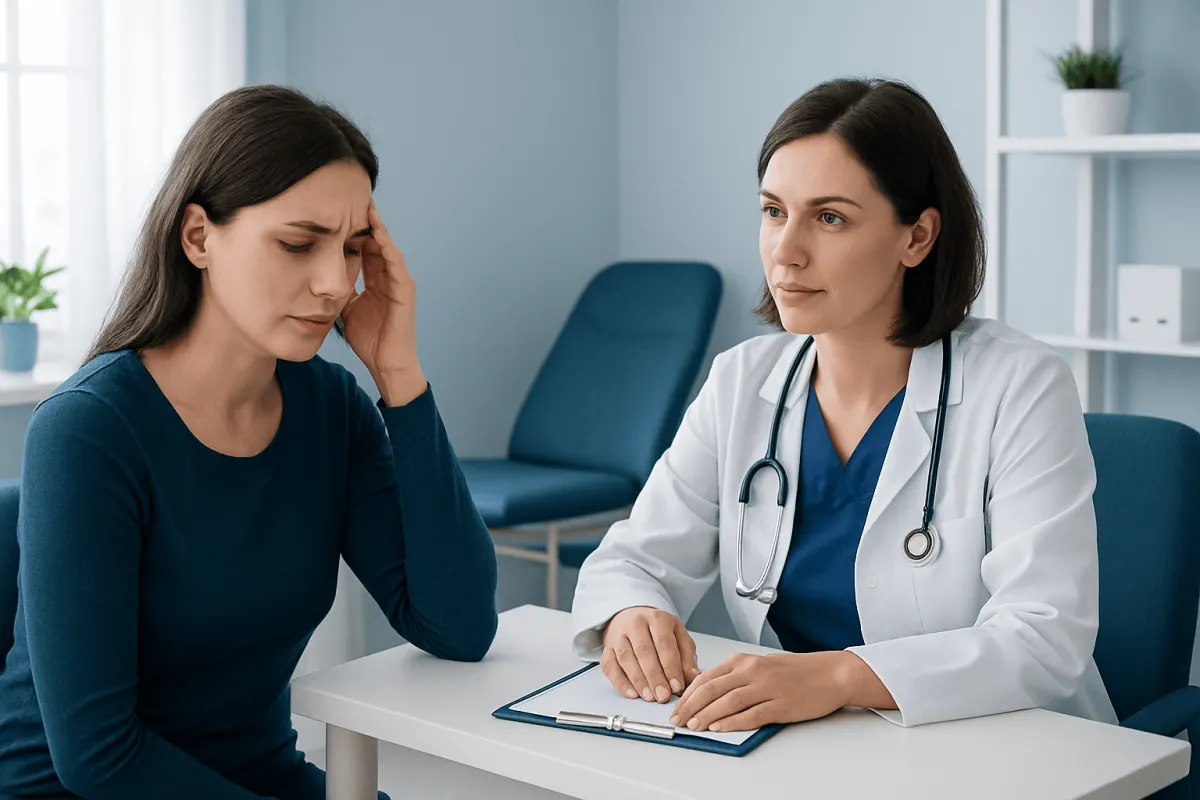 Doctor consulting with a patient about headache symptoms in a clinic setting.
