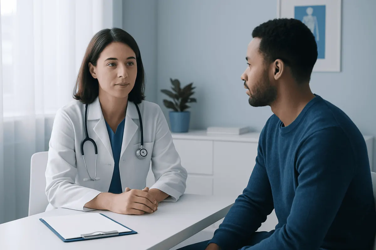 Doctor consulting with patient about bleeding disorders in a clinical setting.
