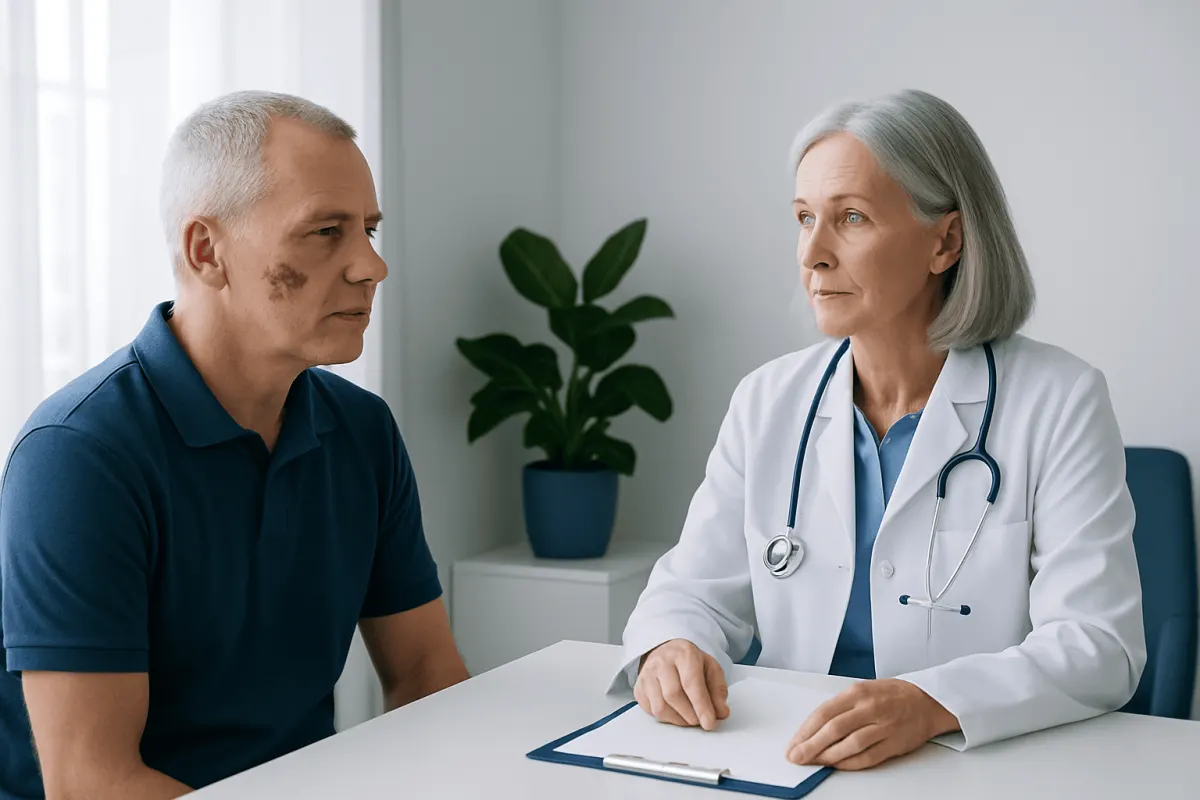 Doctor consulting with an older male patient in a medical office.
