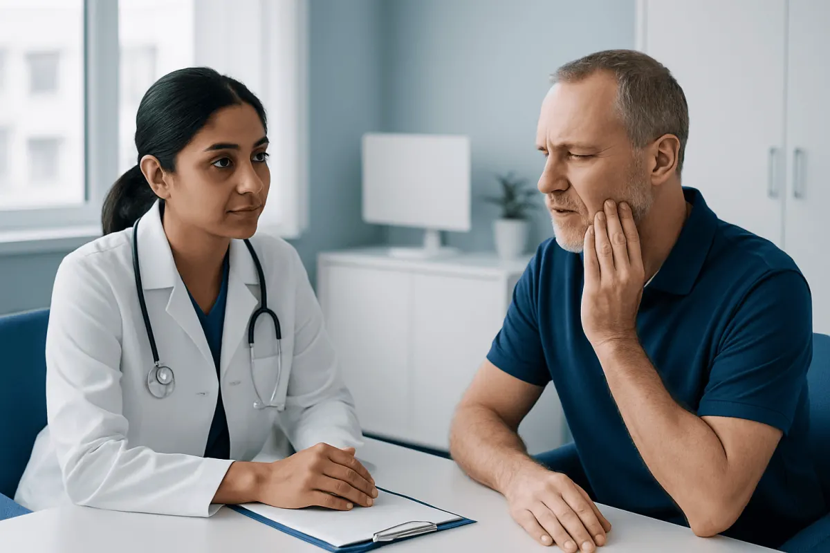 Doctor consulting with patient about oral health in a clinical setting.