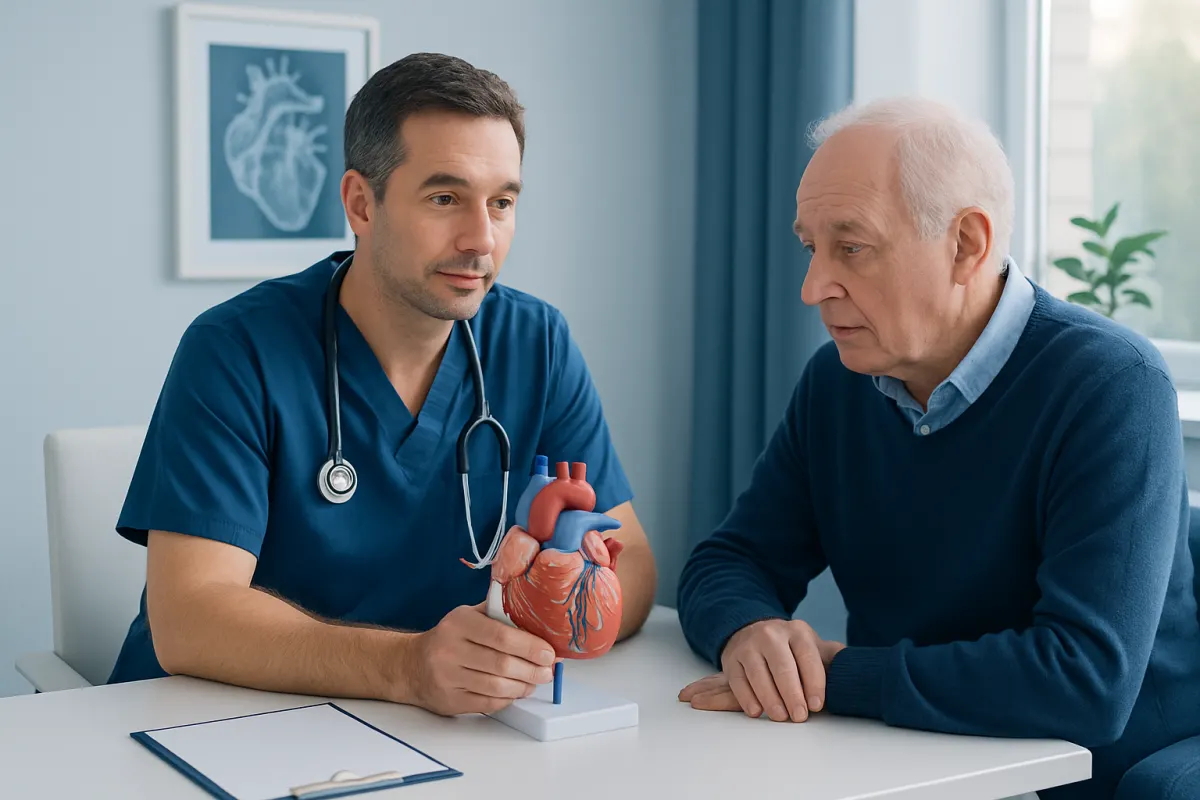 Cardiologist explaining heart anatomy to elderly patient with heart model.