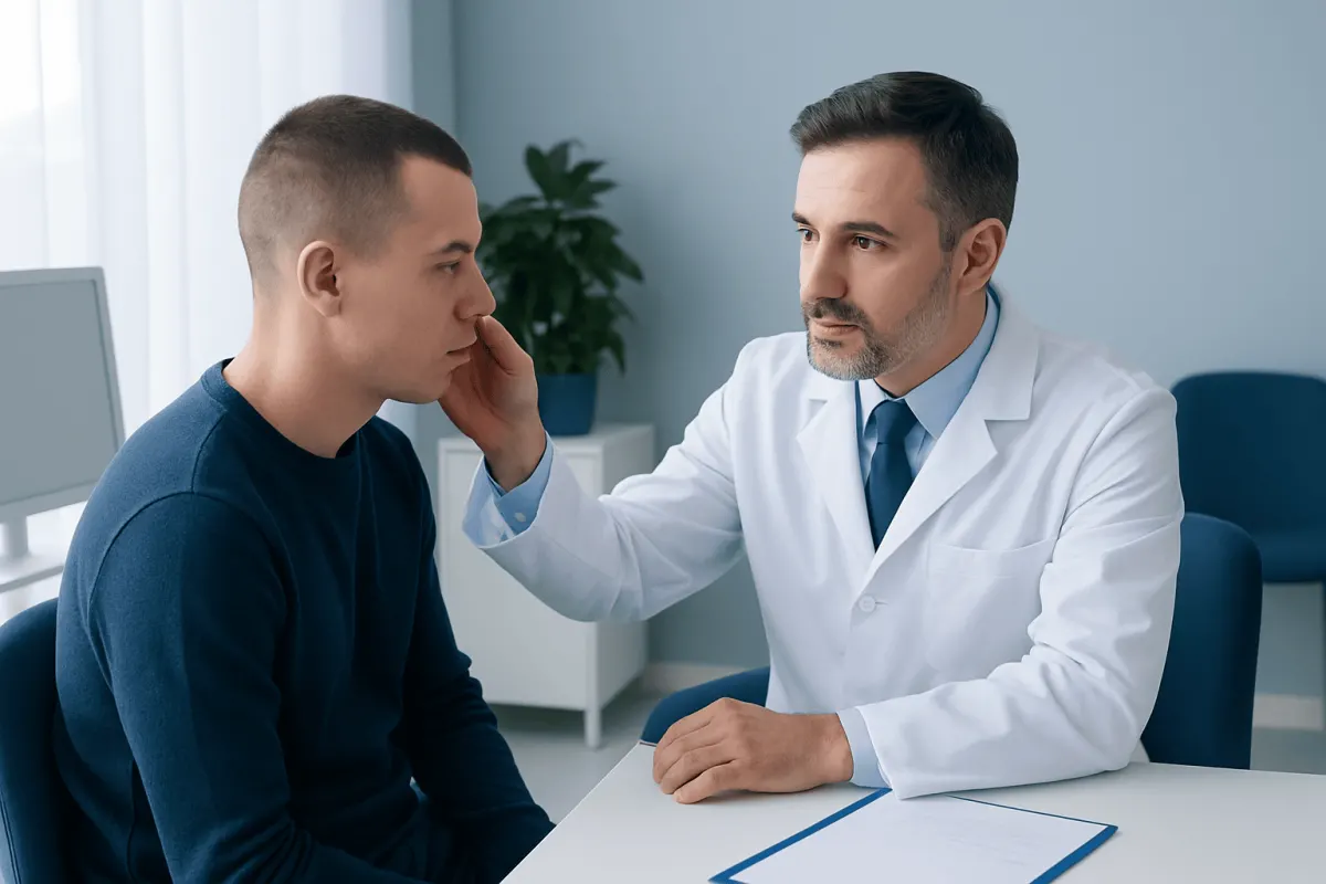 Doctor examining a young man's ear in a consultation room.