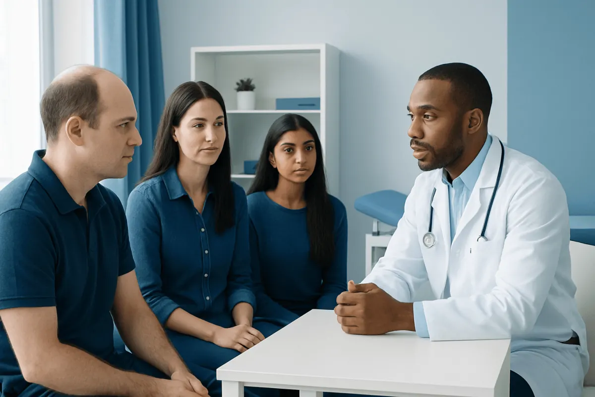 Doctor consulting with patients about hair loss causes in a clinic setting.