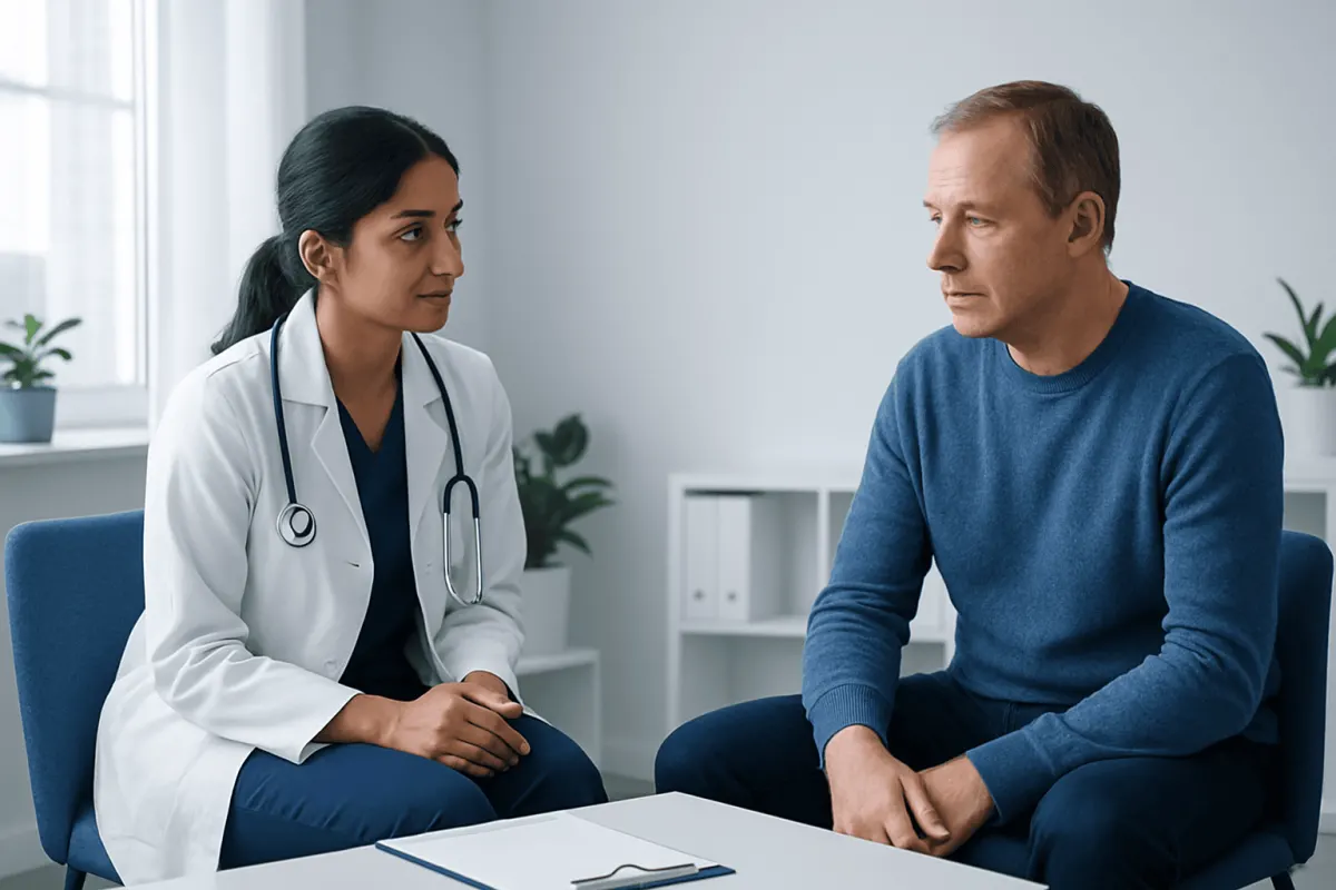 Doctor consulting with male patient in a medical office setting.