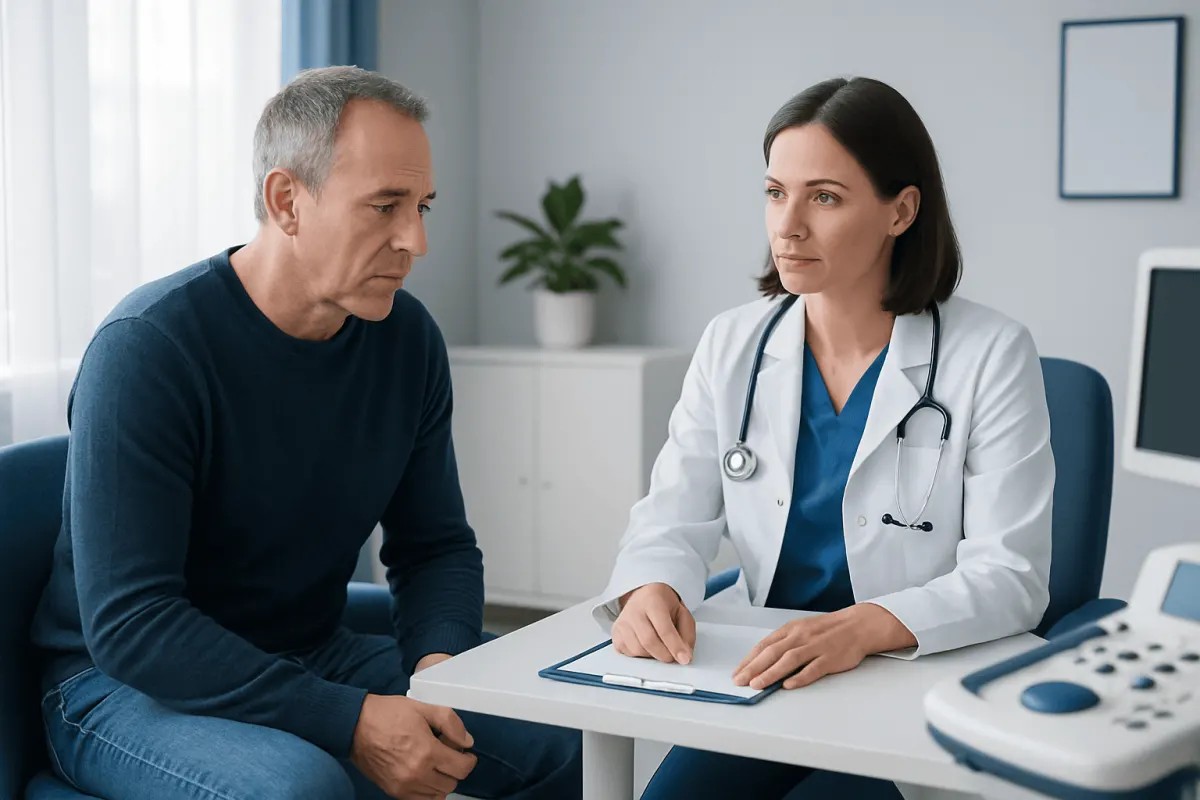 Doctor consulting with a male patient in a medical office setting.