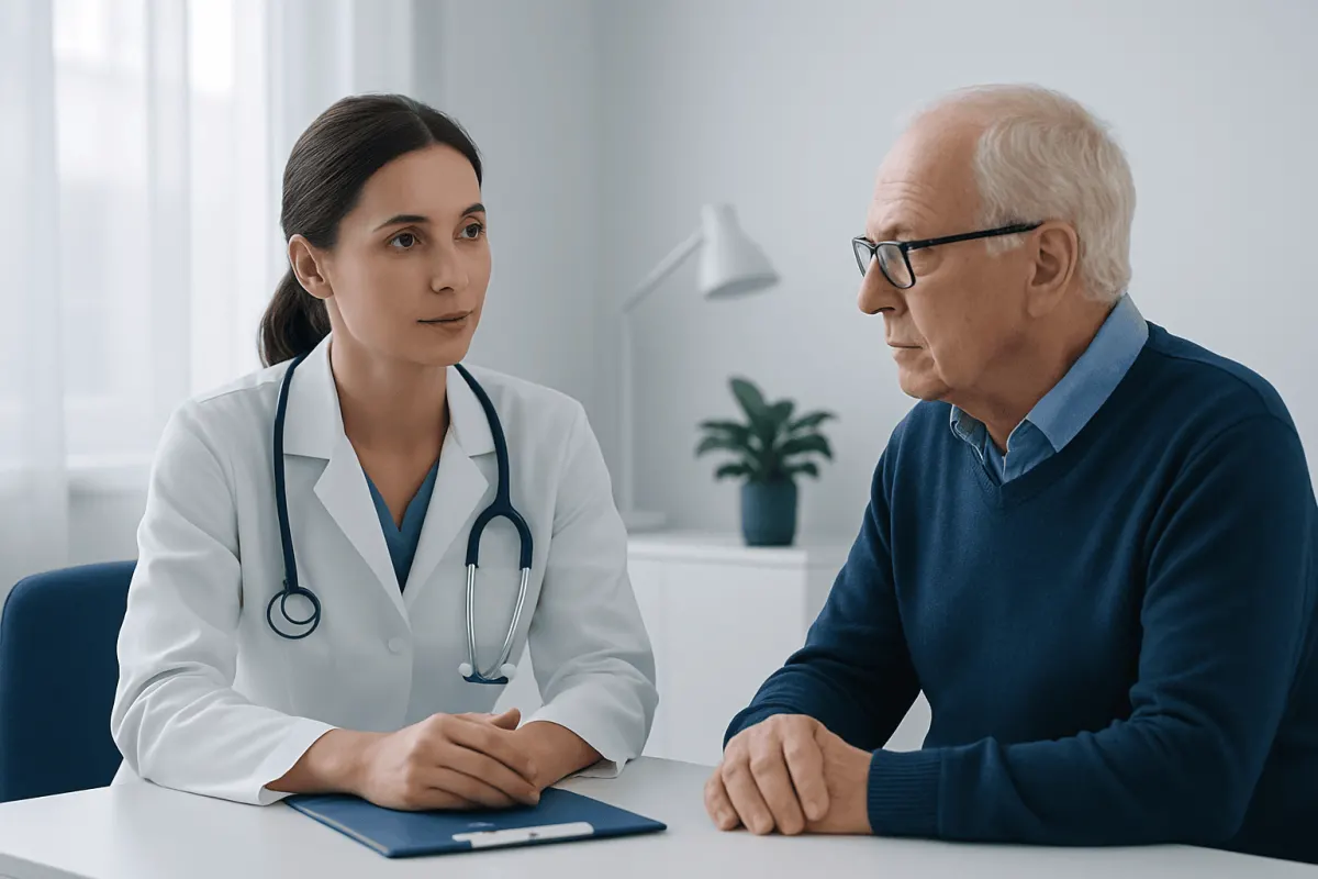 Doctor consulting elderly patient in a medical office setting.