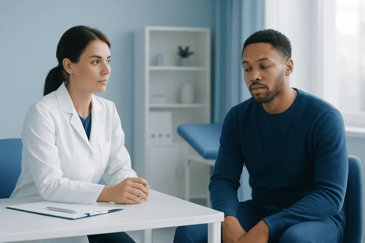 Doctor consulting with a patient about sleep issues in a clinic setting.