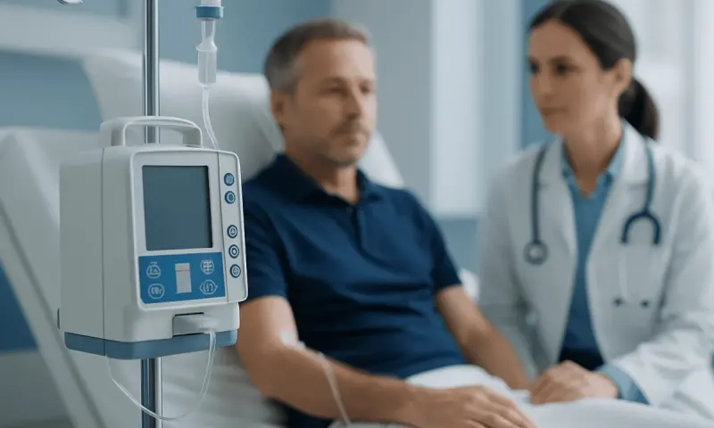 Patient receiving IV treatment in hospital room at Acibadem Hospitals Group.