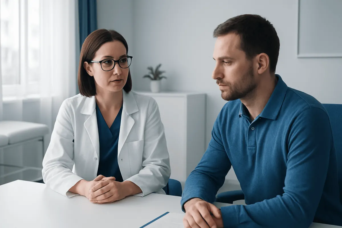 Doctor consulting with male patient in a medical office setting.