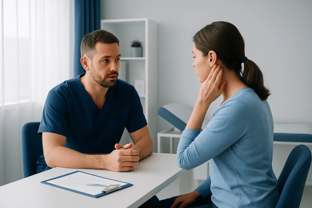 Doctor consulting patient about ear pain and health concerns.