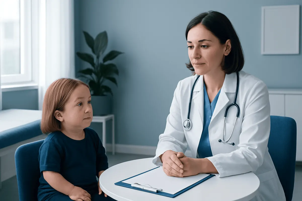 Pediatric doctor consulting young girl in a medical office.
