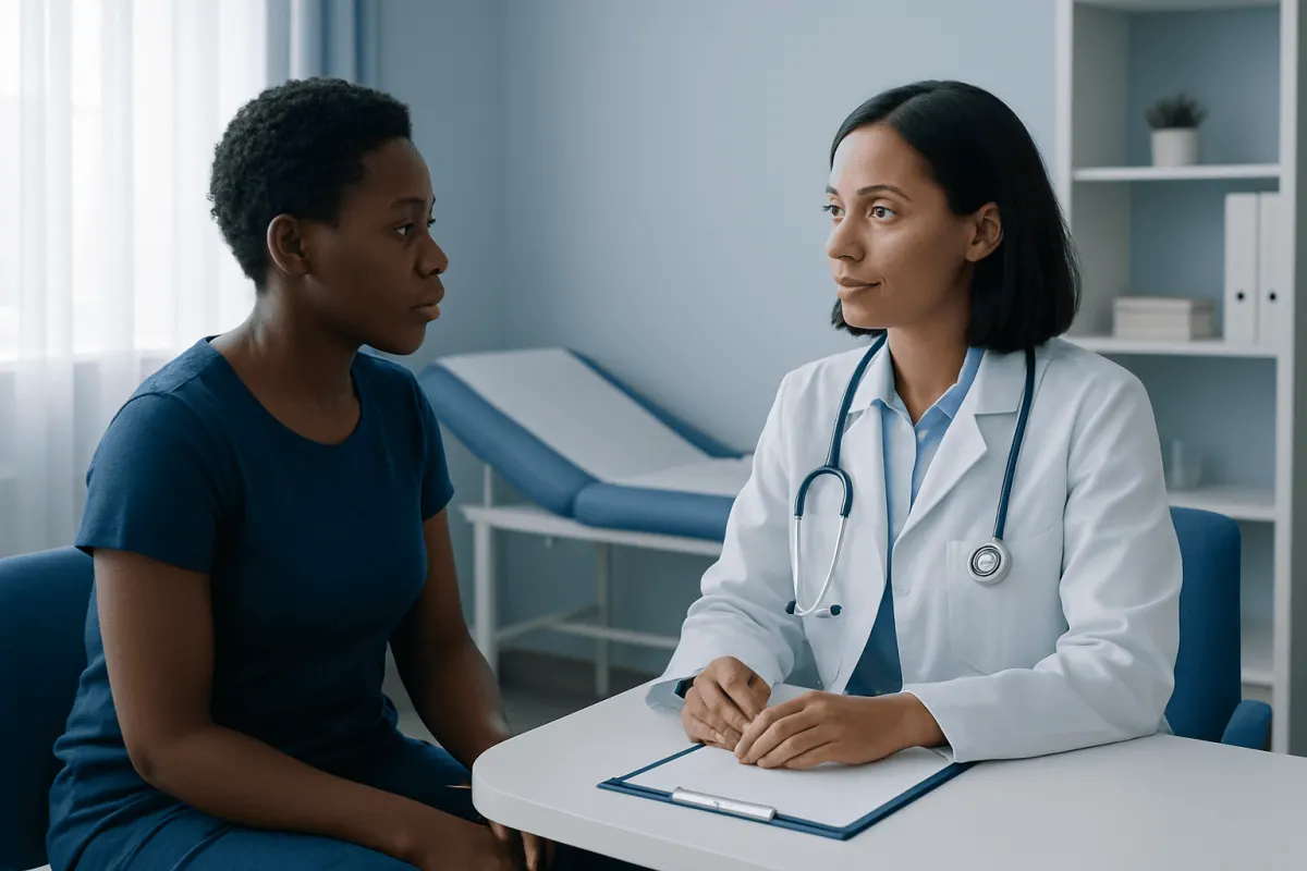Doctor consulting with a young patient in a medical office.