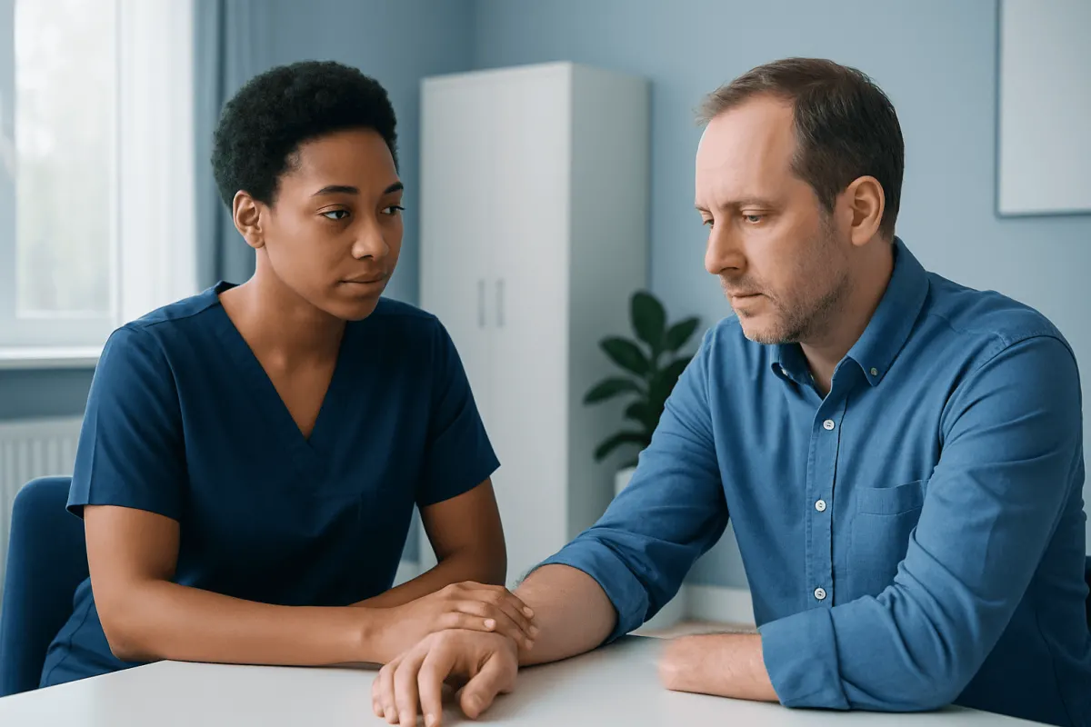 Doctor comforting patient during consultation at Acibadem Hospital.