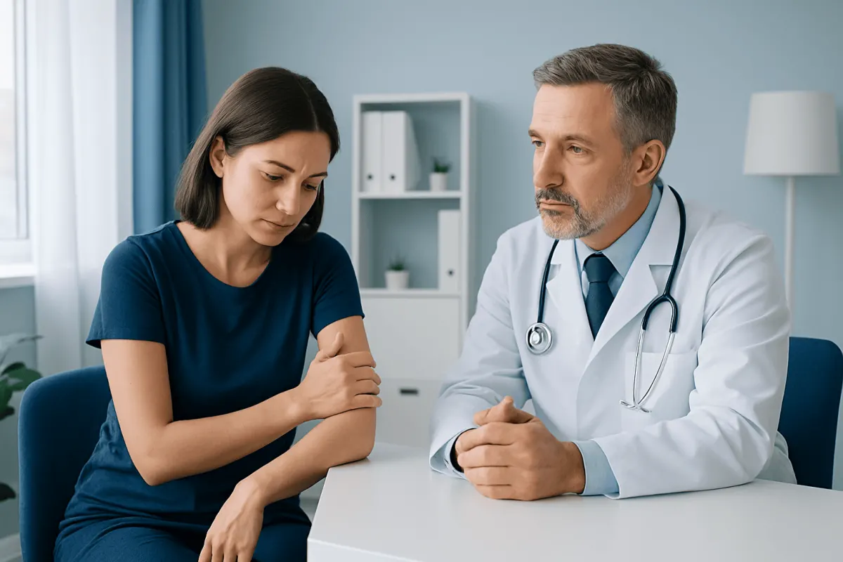 Doctor consulting with a young woman about left arm pain in a medical office.