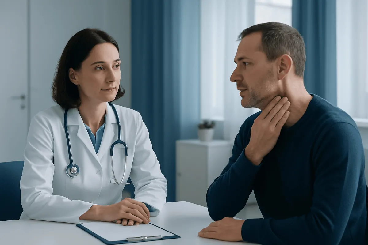 Doctor consulting with male patient about neck health in clinic.
