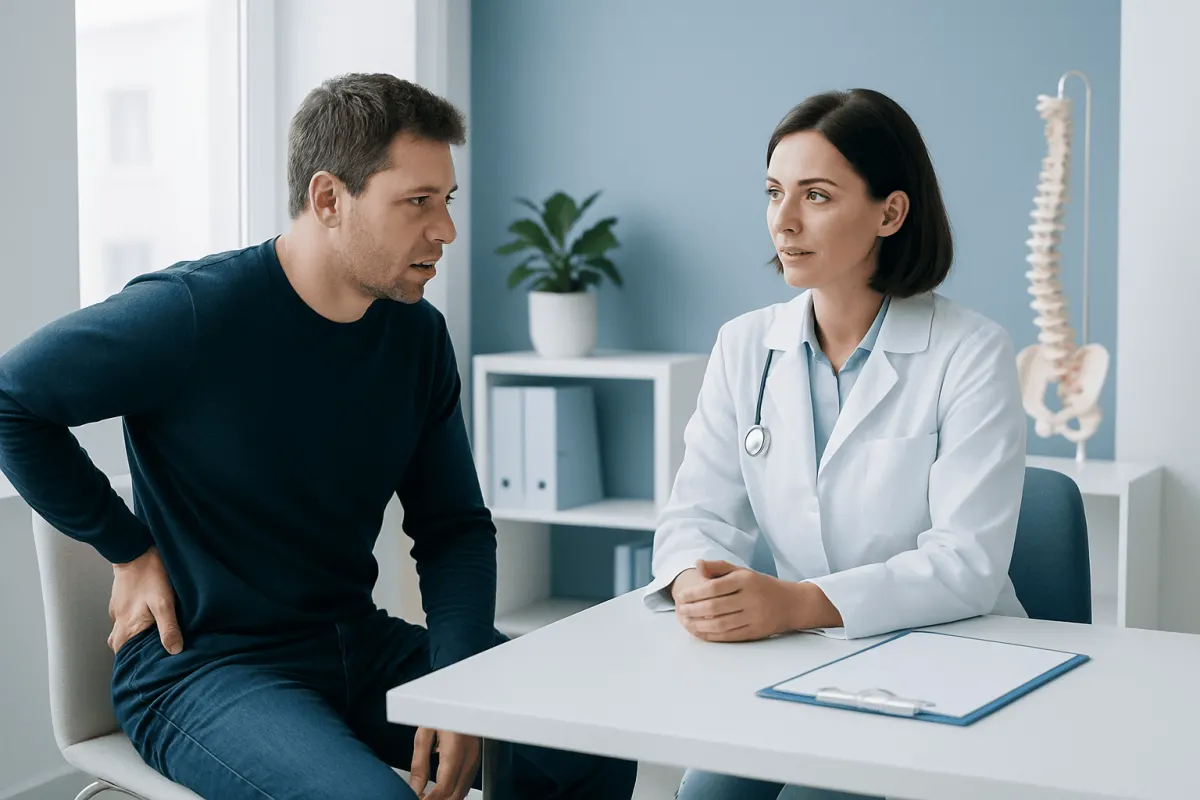 Doctor consulting with patient about back tension relief treatment options.