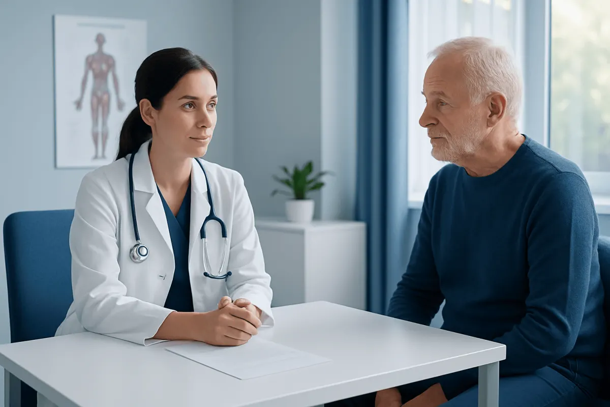 Doctor consulting with an elderly patient in a medical office.