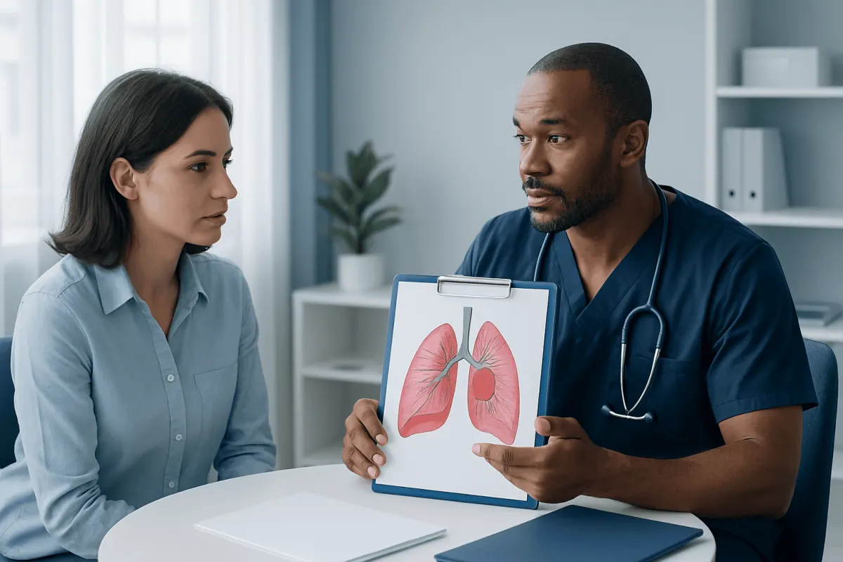 Doctor explaining lung anatomy to patient with pulmonary embolism concern.