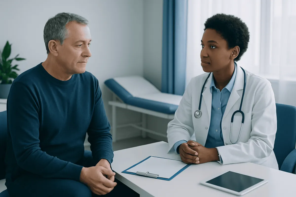 Doctor consulting with a male patient in a medical office.