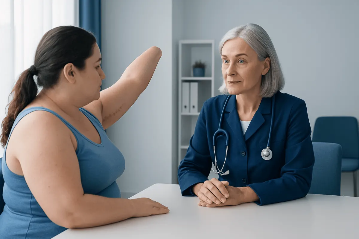 Doctor consulting with a patient about arm lift recovery in a medical office.