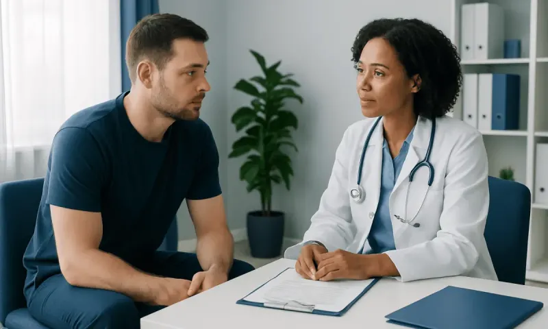 Doctor consulting with male patient about herpes symptoms on penis.