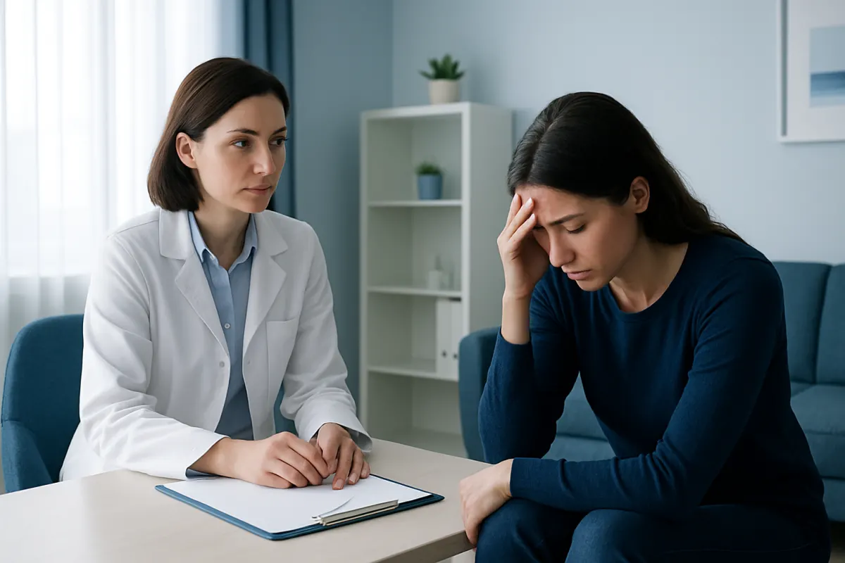 Doctor consulting with a woman experiencing anxiety symptoms in a clinical setting.
