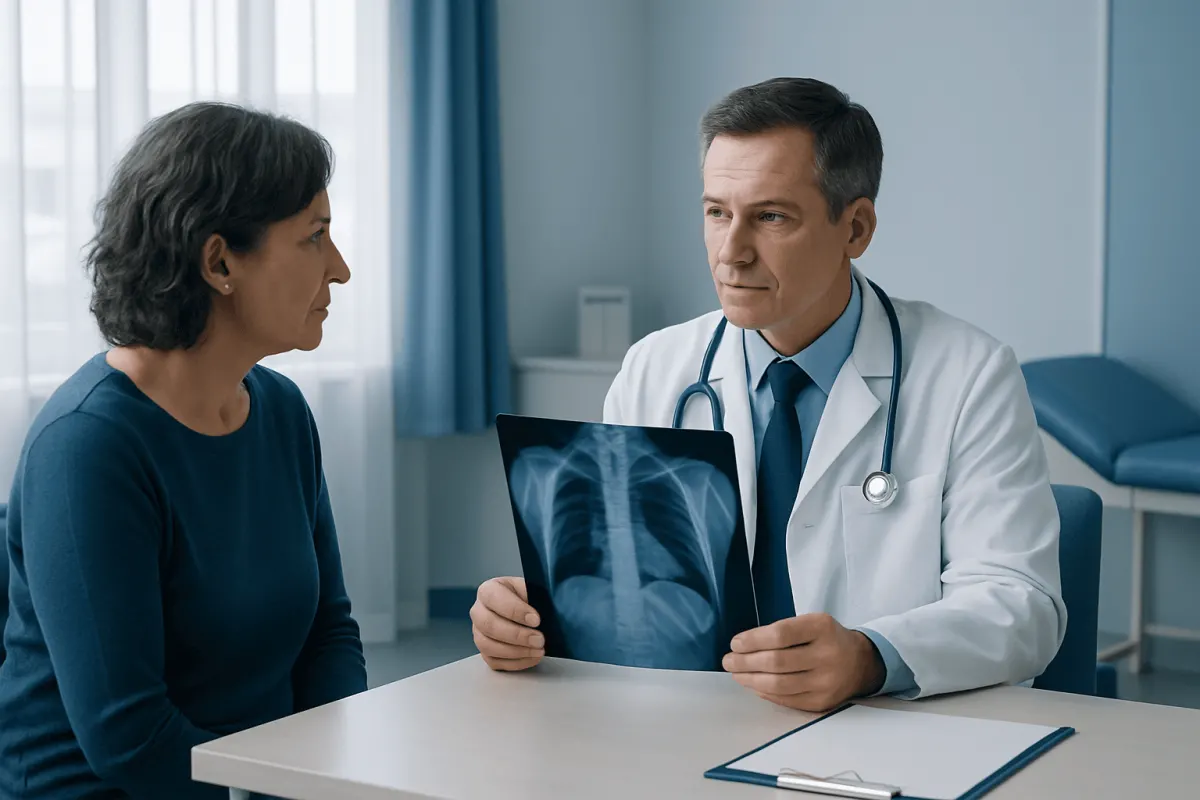 Doctor explaining lung X-ray to a patient in a medical consultation room.