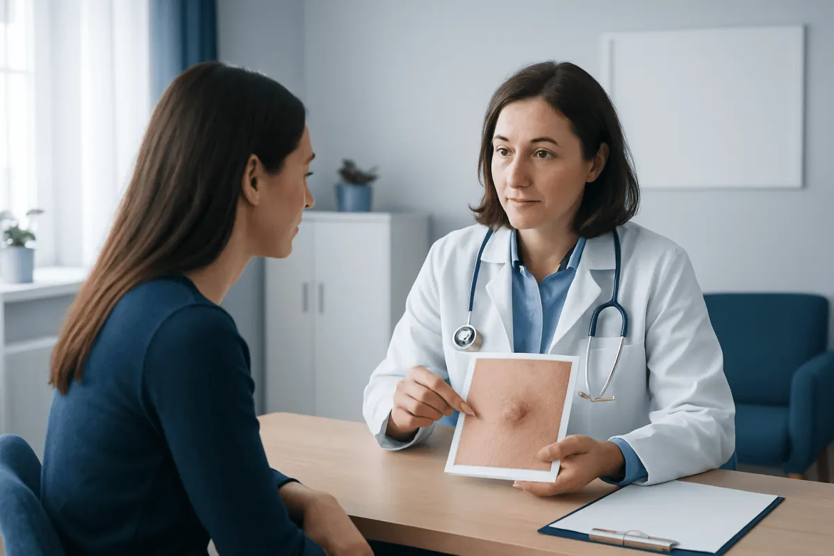 Doctor explaining skin condition to patient with skin image.