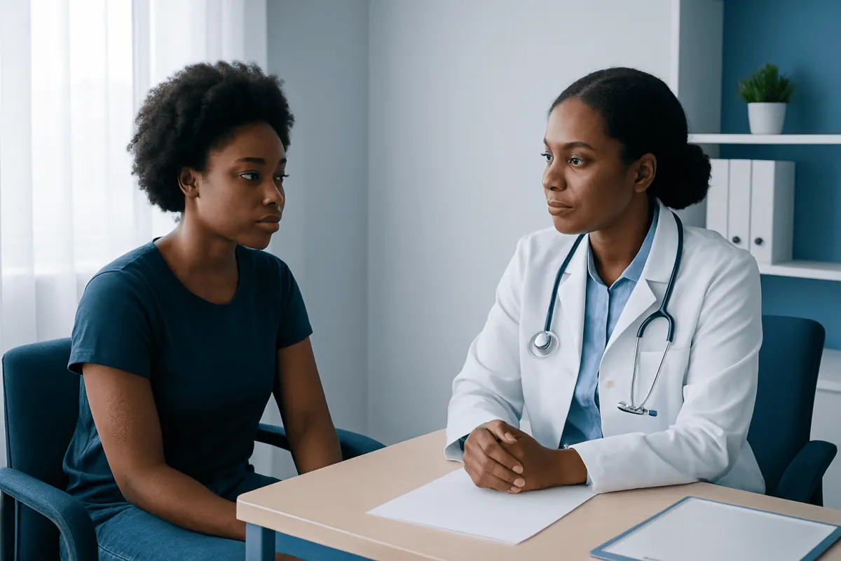 Doctor consulting with a patient in a medical office setting.