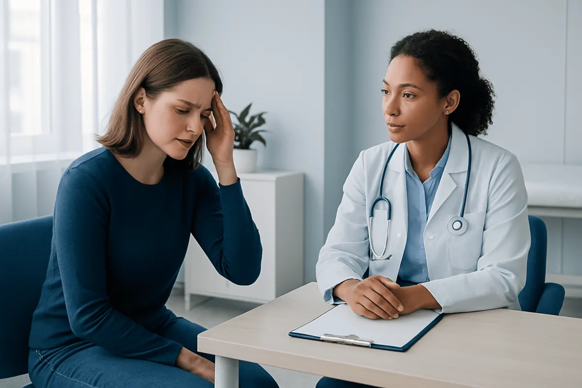 Woman consulting a doctor about headache symptoms in a medical office.