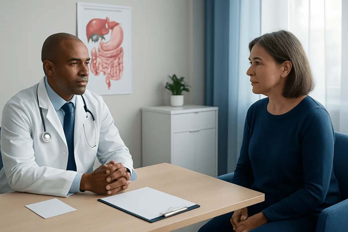 Doctor consulting with a female patient in a medical office.