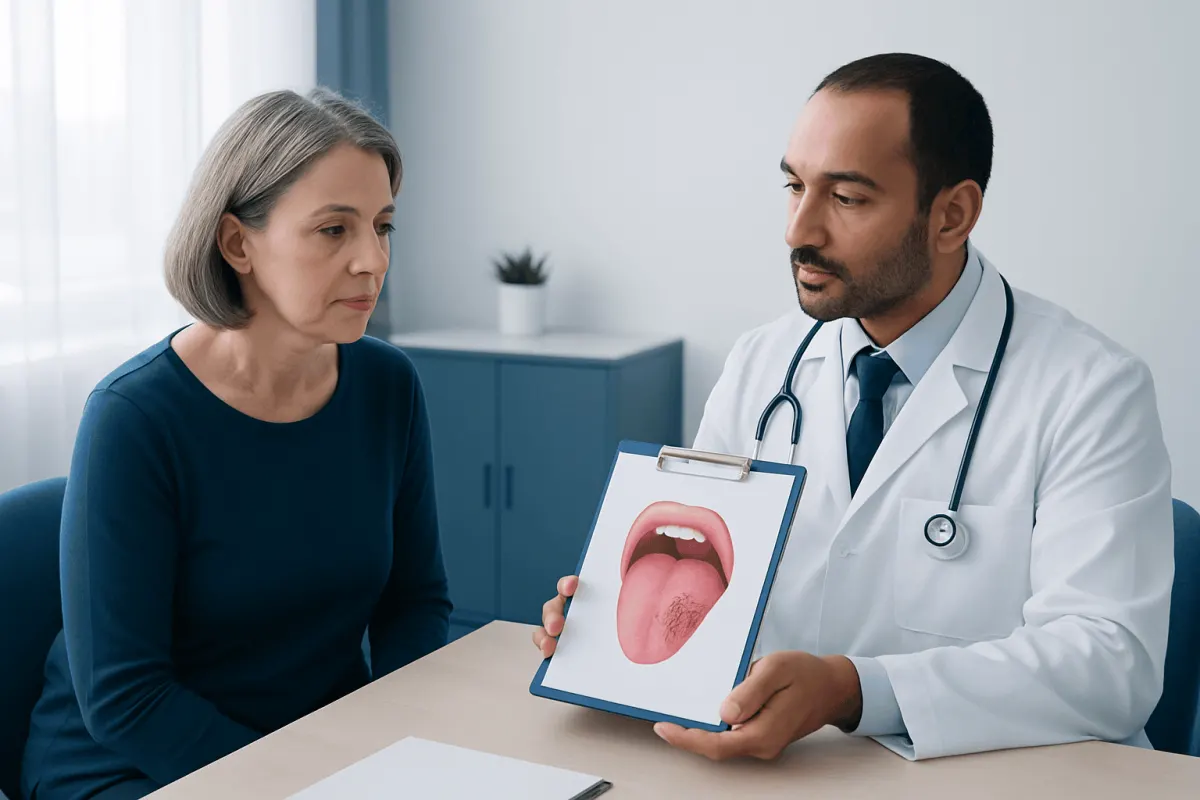 Doctor explaining tongue health to a patient with a tongue diagram.