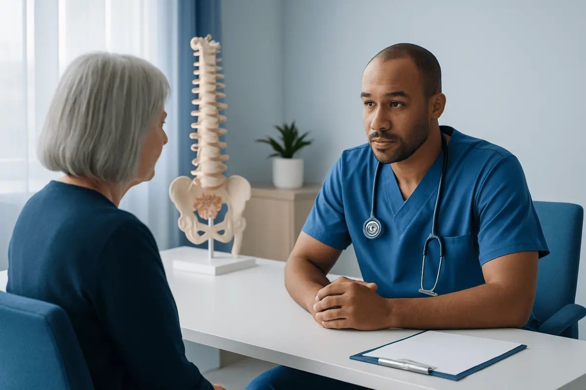 Doctor consulting with patient about spinal health and treatment options.