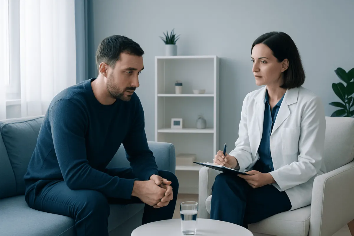 Therapist and patient in a counseling session at Acibadem Hospital.