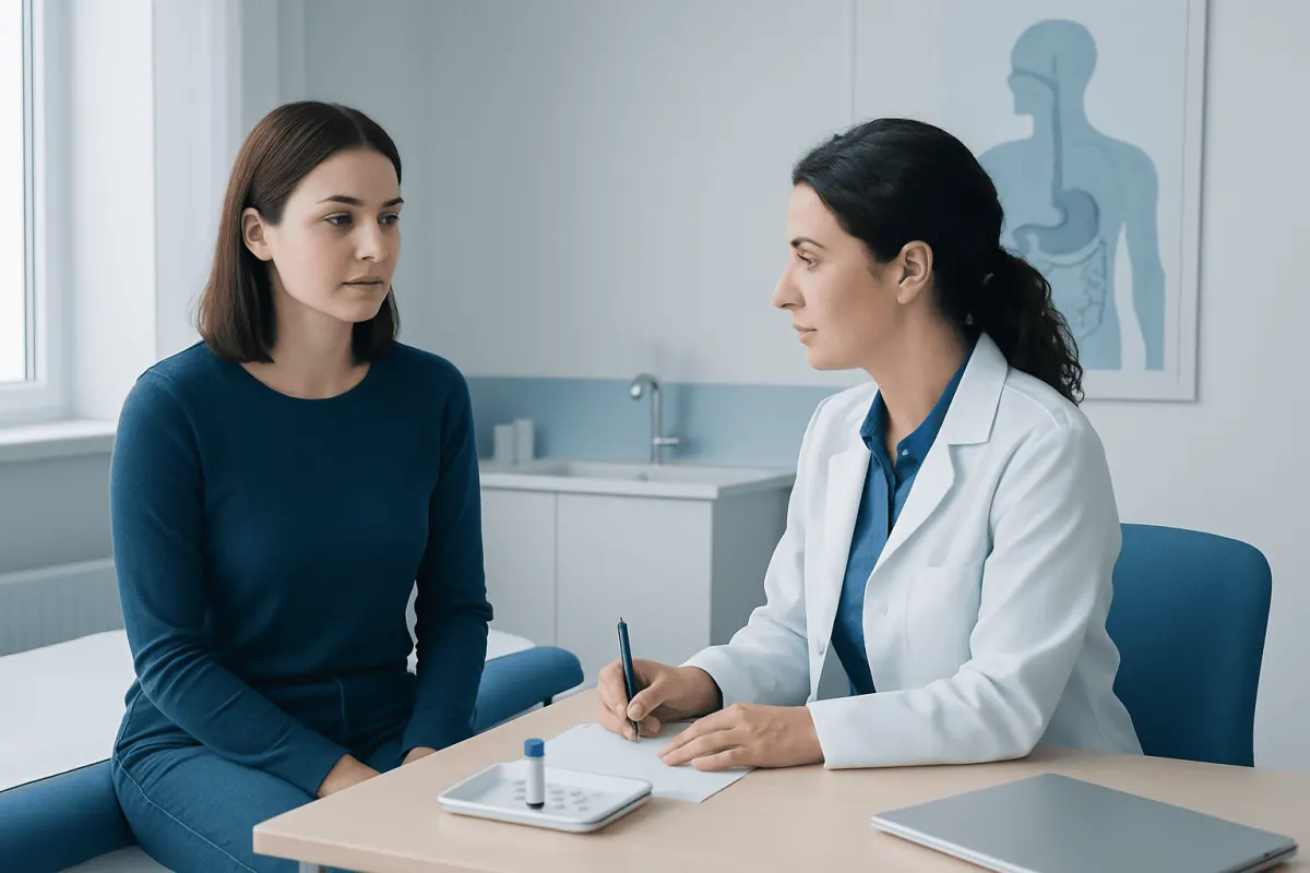 Doctor discussing celiac test with patient in a clinical setting.