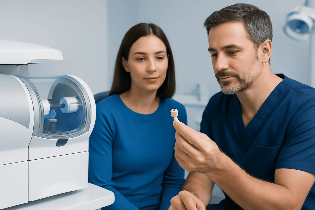 Dentist explaining dental crown options to a patient in a clinic.