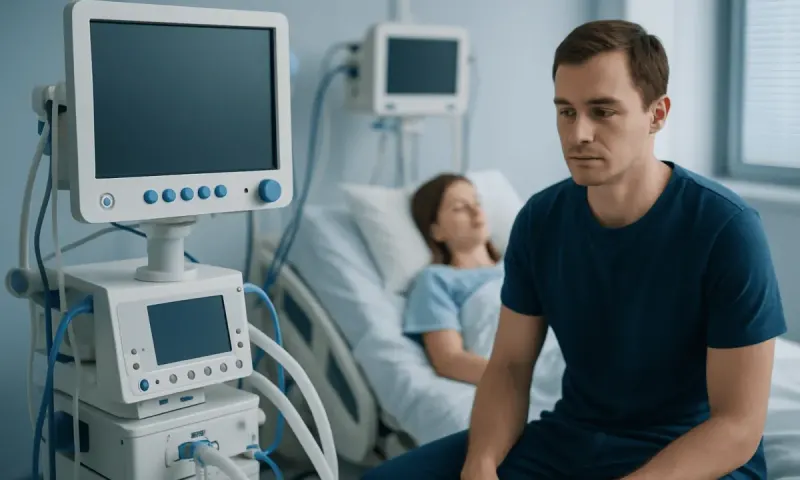 Medical professionals in a hospital room with monitors and a patient bed.