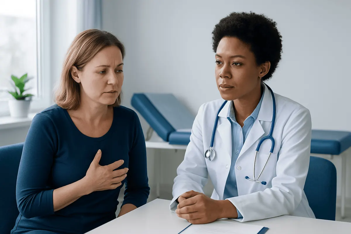 Doctor discussing breast health with a patient in a clinical setting.