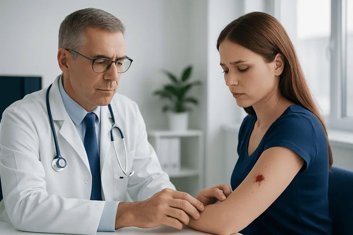 Doctor examining a woman's arm with a bleeding mole in a clinical setting.