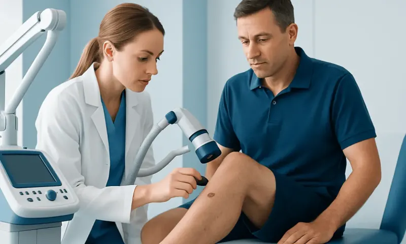 Doctor examining patient's leg for skin cancer at Acibadem Hospital.