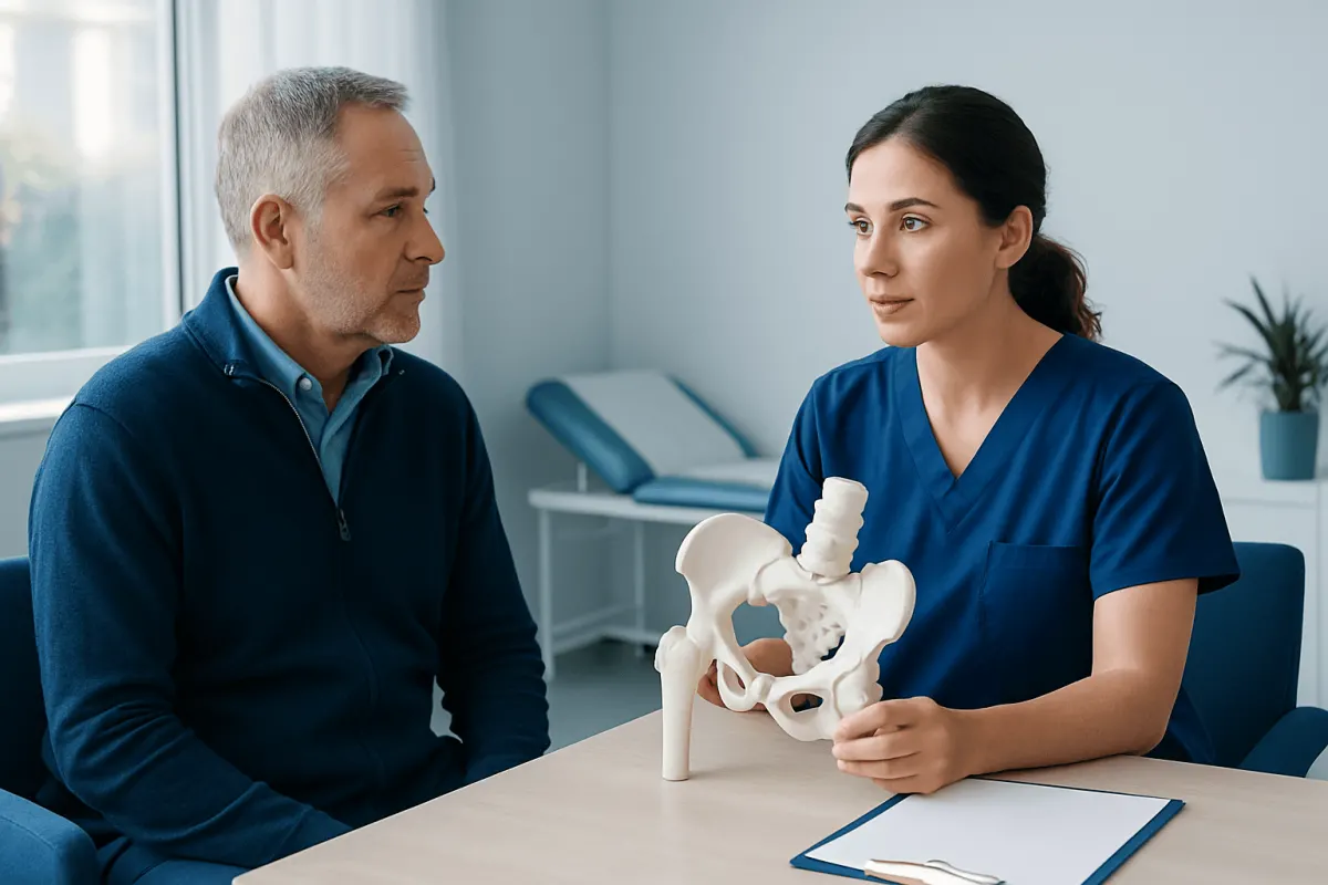 Doctor explaining hip replacement procedure to patient with pelvic model.